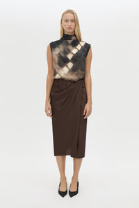 Front view CAMILLA AND MARC Asper Top in Chocolate Print with sleeveless shell silhouette.