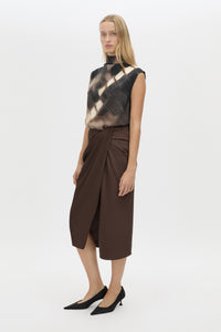 Three-quarter view CAMILLA AND MARC Asper Top in Chocolate Print with sleeveless shell silhouette.