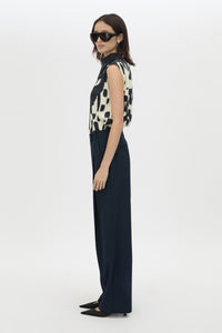 Side view CAMILLA AND MARC Asper Top in Navy print with sleeveless shell silhouette and high neckline.