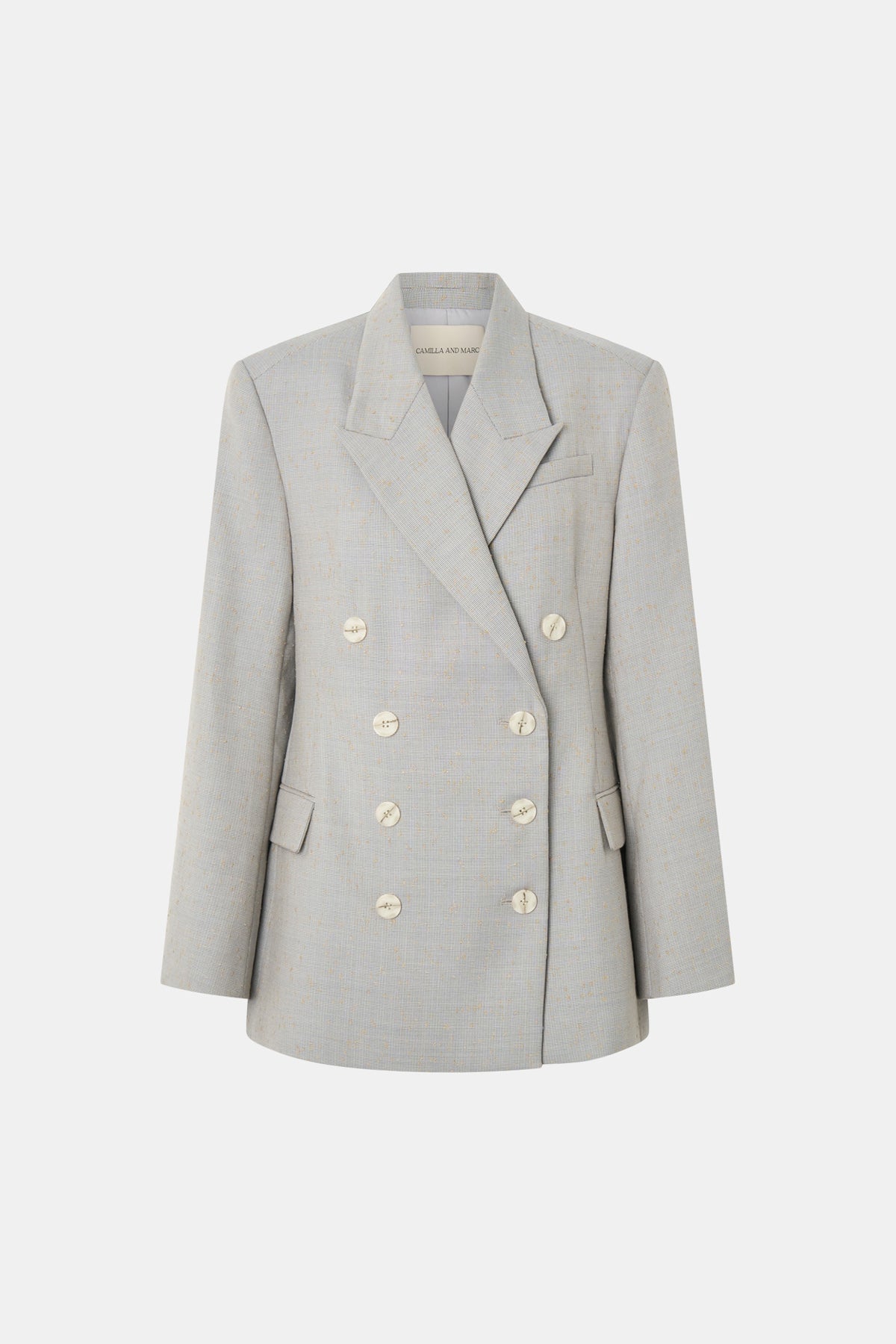 Ghost view CAMILLA AND MARC Aspira Blazer in Dusty Blue with a draped double‑breasted wool silhouette.