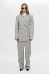 Front styled view CAMILLA AND MARC Aspira Blazer in Dusty Blue with a draped double‑breasted wool silhouette.