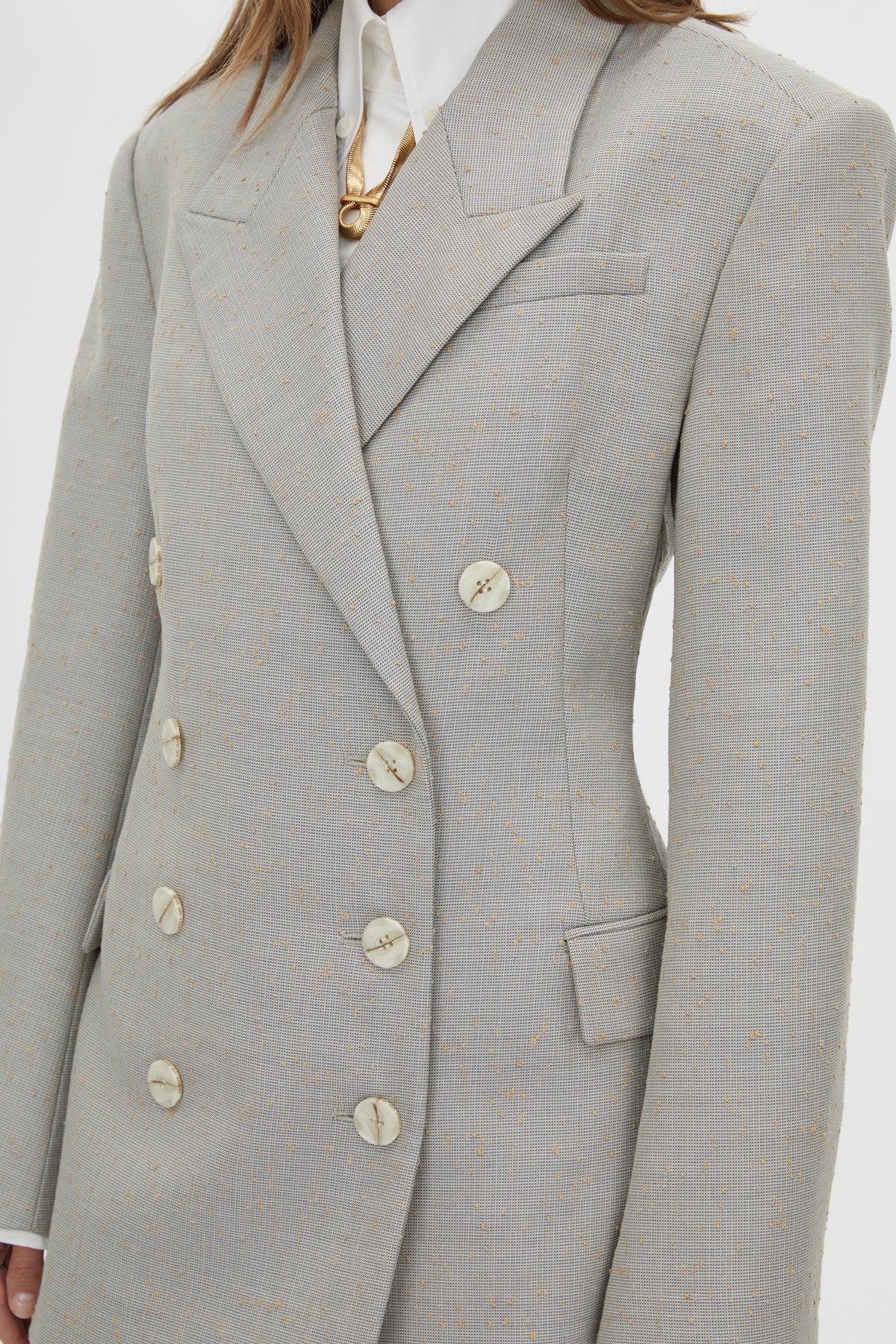 Cropped view CAMILLA AND MARC Aspira Blazer in Dusty Blue with a draped double‑breasted wool silhouette.