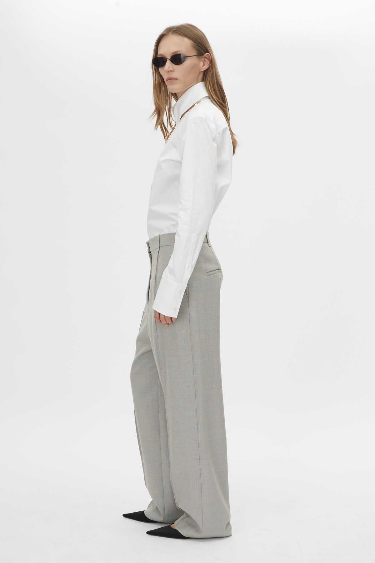 Side view CAMILLA AND MARC Aspira Pant in Dusty Blue with a wide‑leg tailored silhouette.
