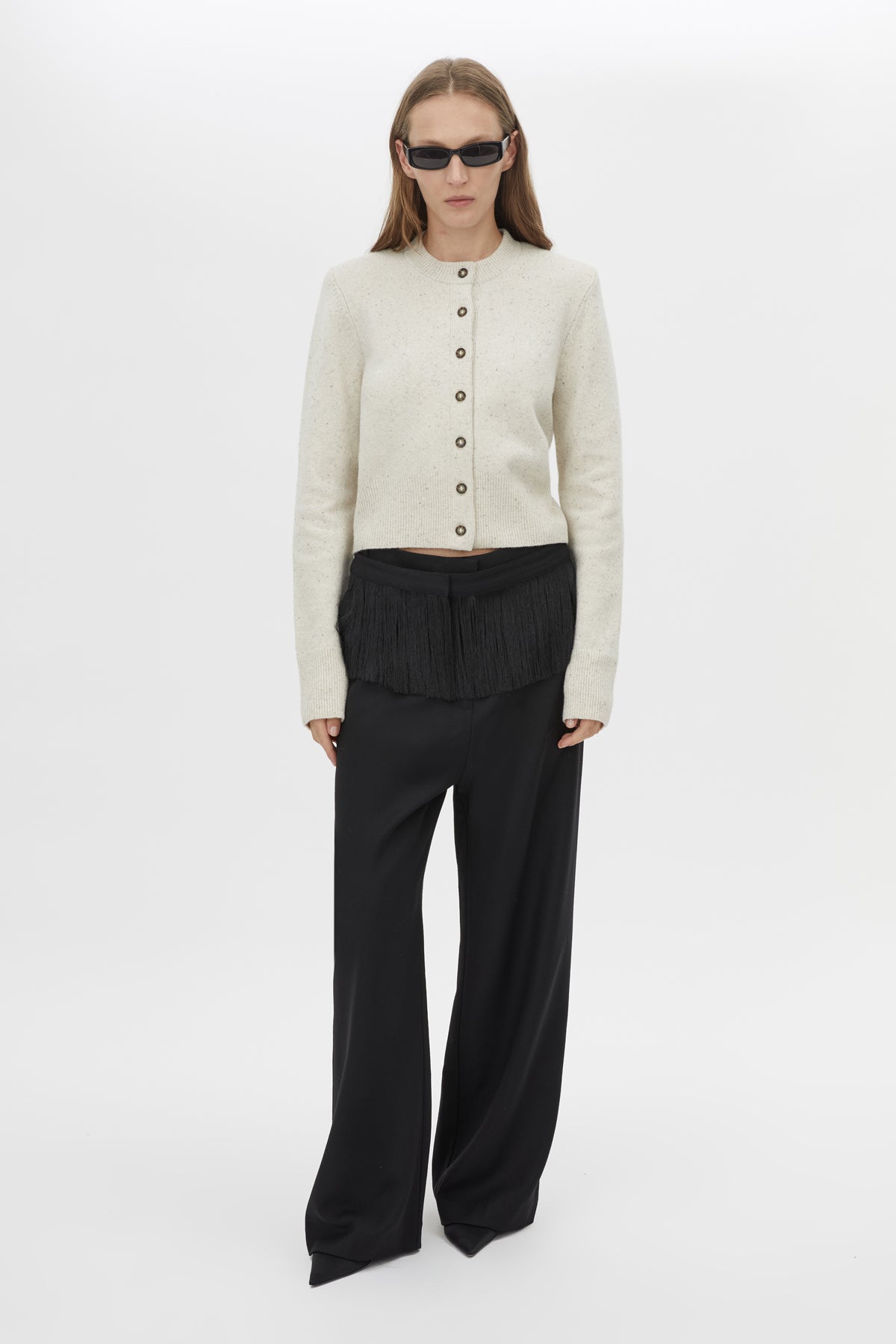 Front View CAMILLA AND MARC Atkinson Knit Cardigan in cream with cropped fit and removable shoulder pads