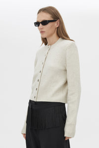 Close up View CAMILLA AND MARC Atkinson Knit Cardigan in cream with cropped fit and removable shoulder pads