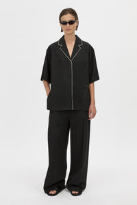 Front View - CAMILLA AND MARC collared Atticus Short Sleeve Shirt in black with contrast cord piping. 