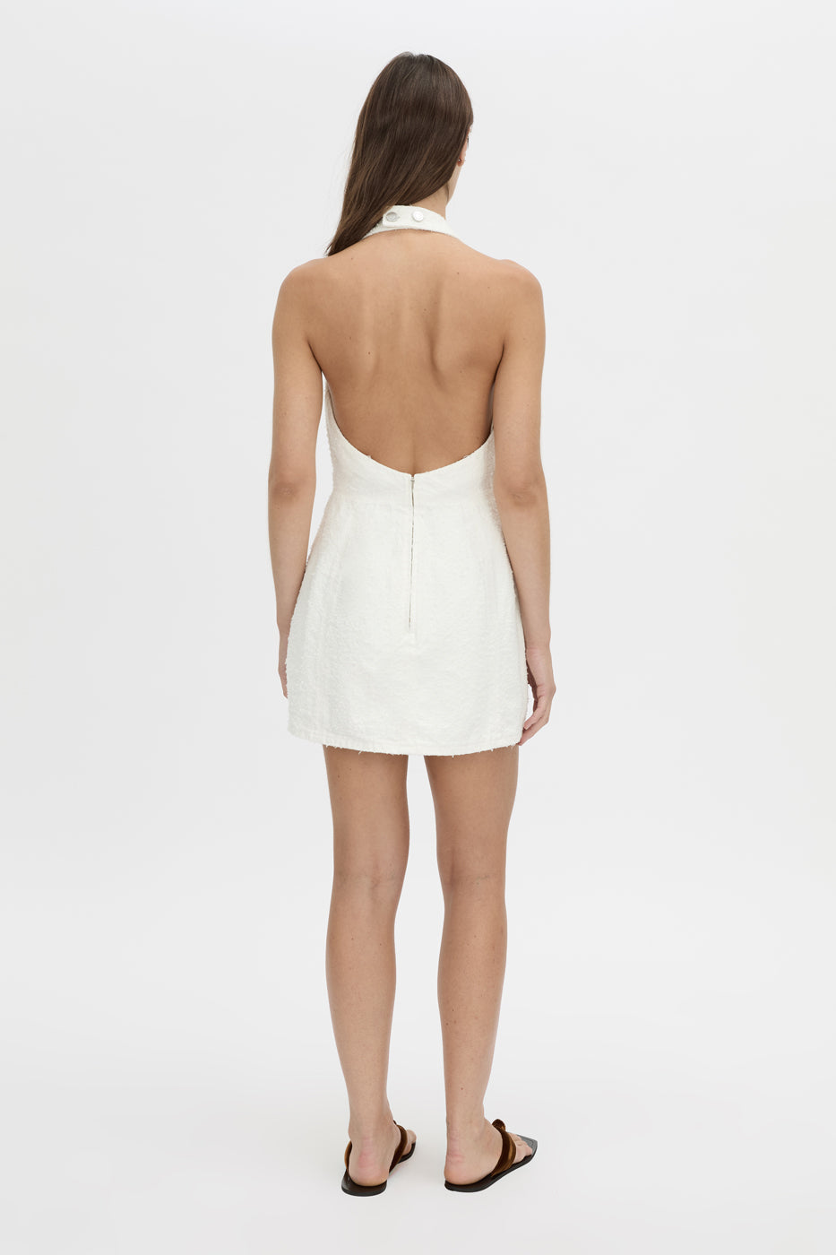 Back view CAMILLA AND MARC Aubrey Denim Mini Dress in white neps with cowl neckline.
