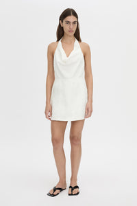Front styled view CAMILLA AND MARC Aubrey Denim Mini Dress in white neps with cowl neckline.