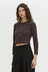 Cropped view CAMILLA AND MARC Aubrey Long Sleeve Rib Top in hickory with a contrast corozo button placket.