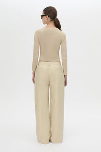 Back view CAMILLA AND MARC Aubrey Long Sleeve Rib Top in Latte with a contrast corozo button placket.