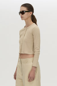 Cropped view CAMILLA AND MARC Aubrey Long Sleeve Rib Top in Latte with a contrast corozo button placket.