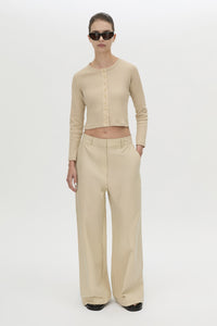 Front view CAMILLA AND MARC Aubrey Long Sleeve Rib Top in Latte with a contrast corozo button placket.