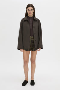 Front-styled view CAMILLA AND MARC Aubrey Elbow Sleeve Rib Top in hickory with a contrast quarter corozo button placket.