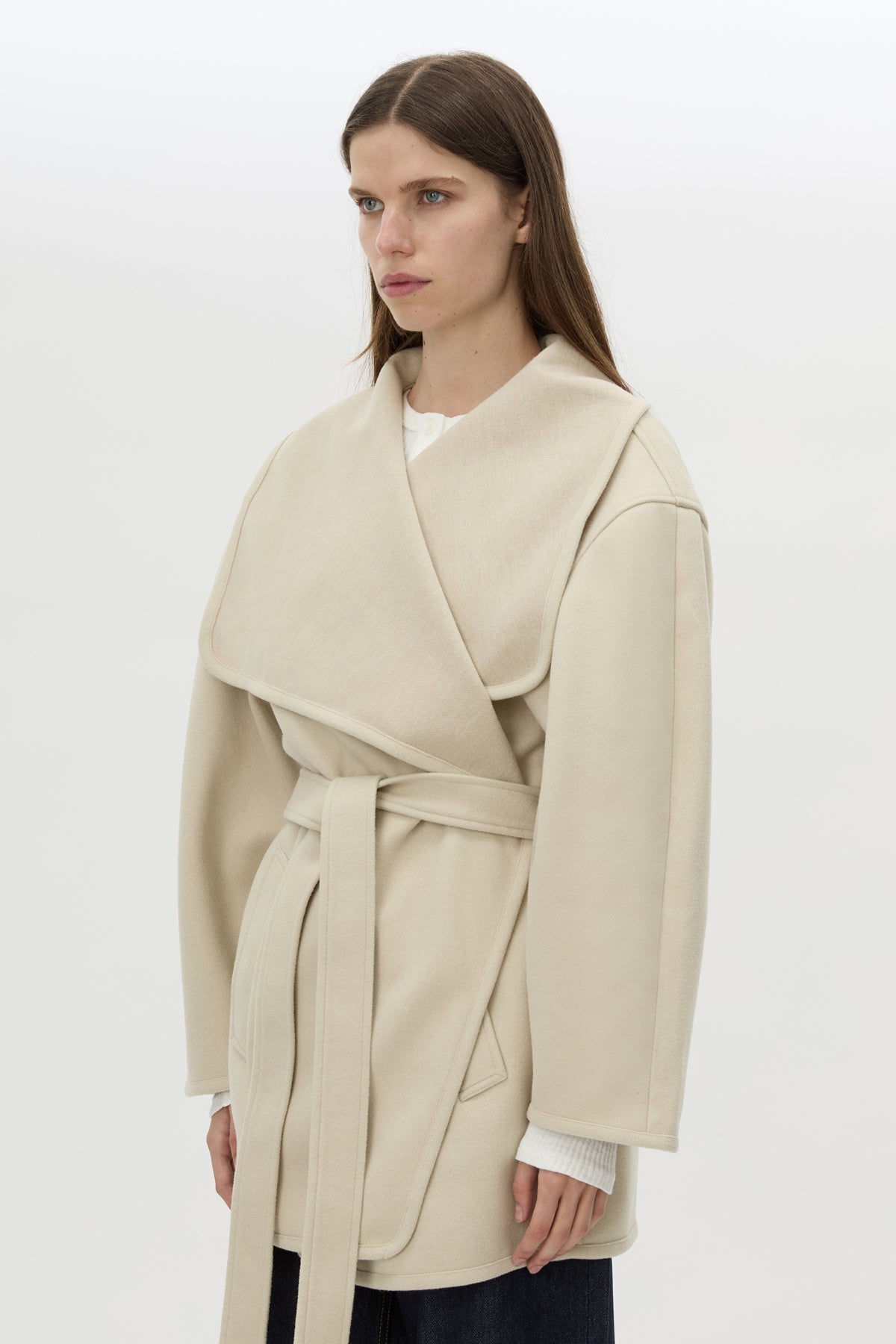 Cropped view CAMILLA AND MARC Audrey Wrap Jacket in oat with relaxed belted silhouette.