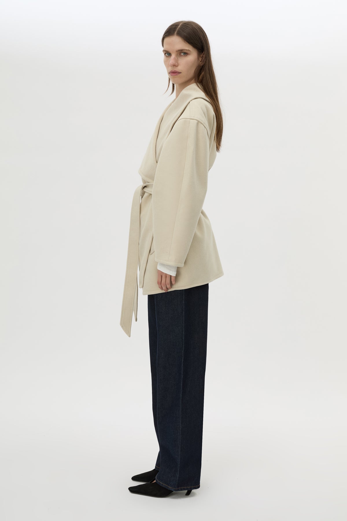 Side view CAMILLA AND MARC Audrey Wrap Jacket in oat with relaxed belted silhouette.