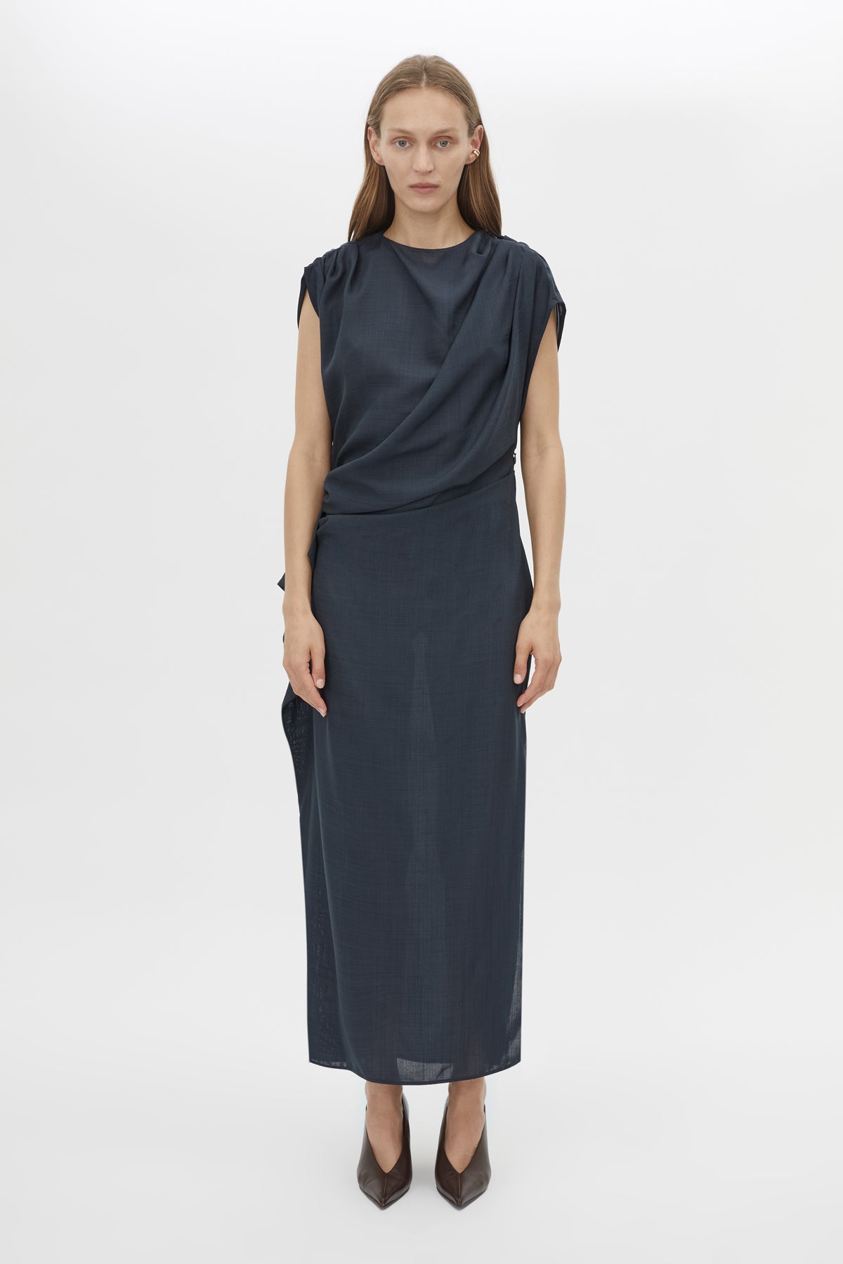 Front styled view CAMILLA AND MARC Audry Midi Dress in French Navy with draped sleeveless silhouette.