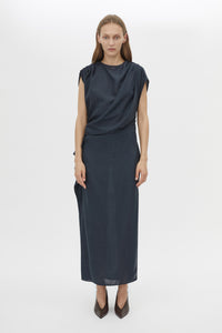 Front styled view CAMILLA AND MARC Audry Midi Dress in French Navy with draped sleeveless silhouette.