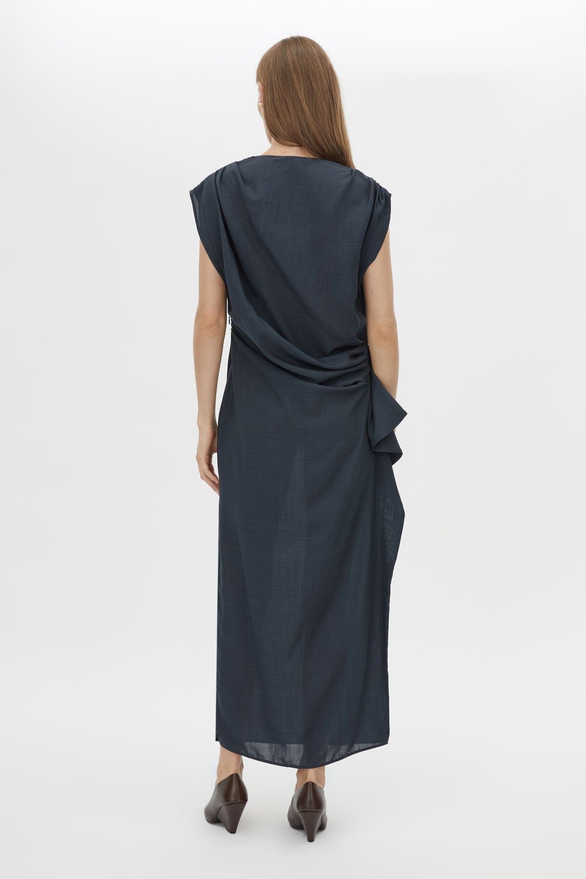 Back view CAMILLA AND MARC Audry Midi Dress in French Navy with draped sleeveless silhouette.