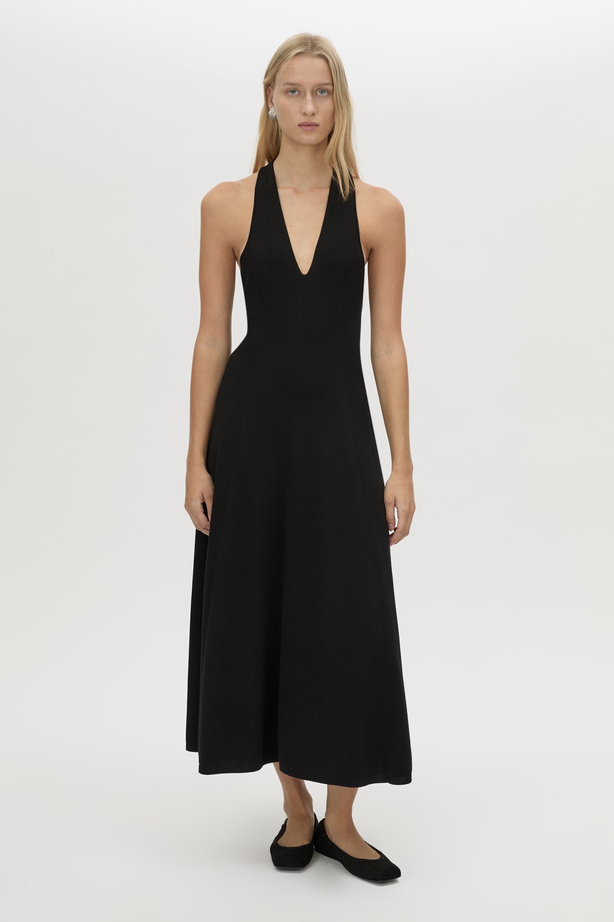 Front view CAMILLA AND MARC Aurore Knit Midi Fitted Dress in black with plunging neckline.