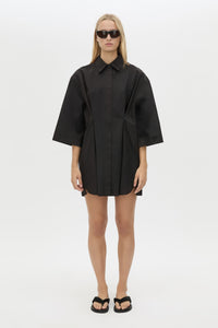 Front view CAMILLA AND MARC Avant collared black shirt dress styled with the Zita Pony Sandal.