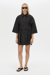 Front View - CAMILLA AND MARC Avant collared black shirt dress with front symmetric pleat details. 