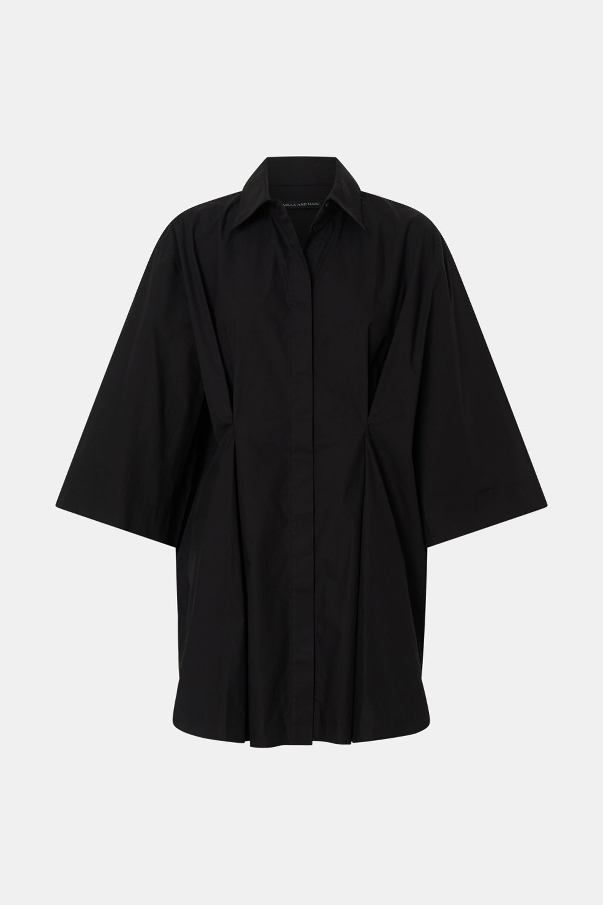 Ghost View CAMILLA AND MARC Avant collared black shirt dress with front symmetric pleat details. 