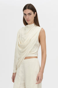 crop view CAMILLA AND MARC Avis Drape Top in cream with asymmetric drape and cowl neckline.
