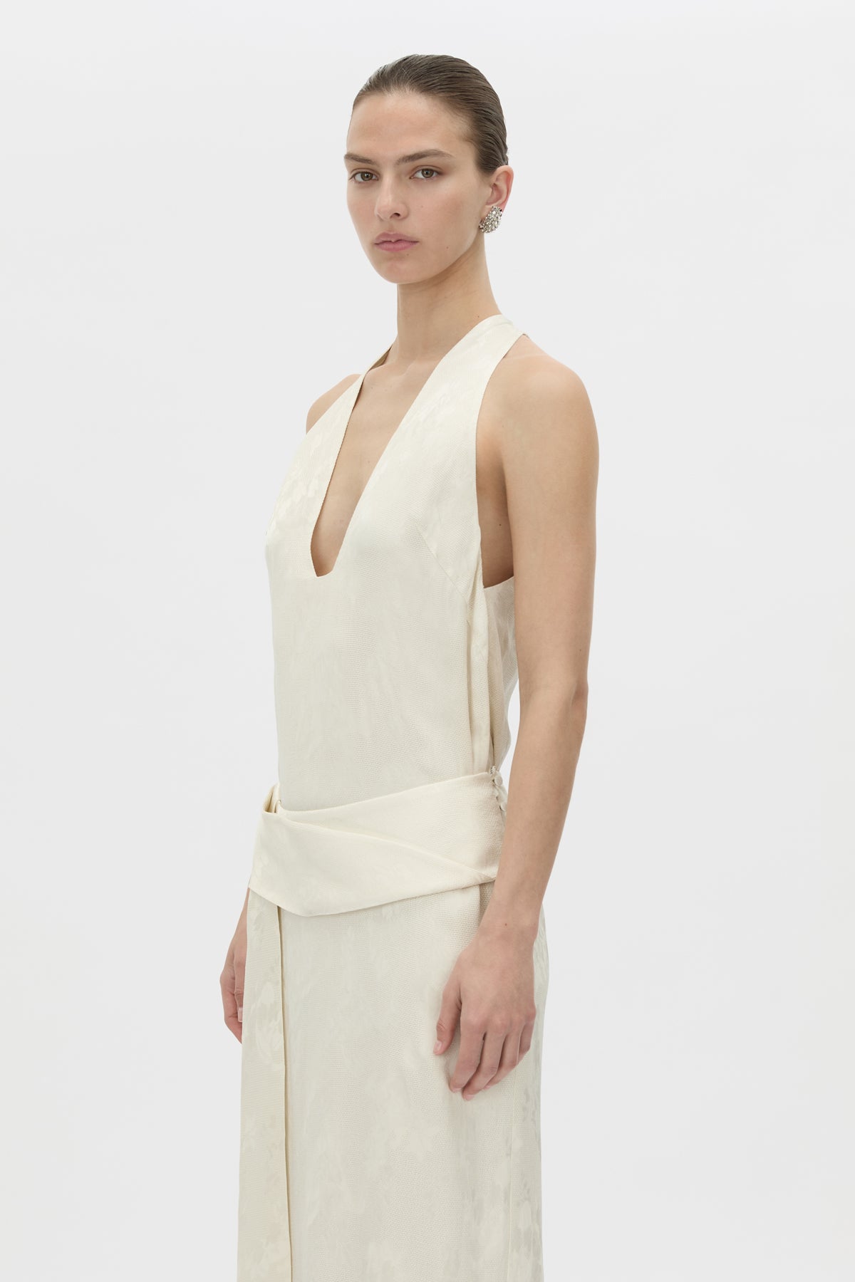Cropped view CAMILLA AND MARC Avis Maxi Dress in cream with plunging neckline and detachable wide waistbelt.