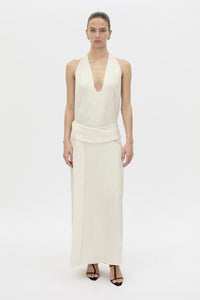 Front-styled view CAMILLA AND MARC Avis Maxi Dress in cream with plunging neckline and detachable wide waistbelt.