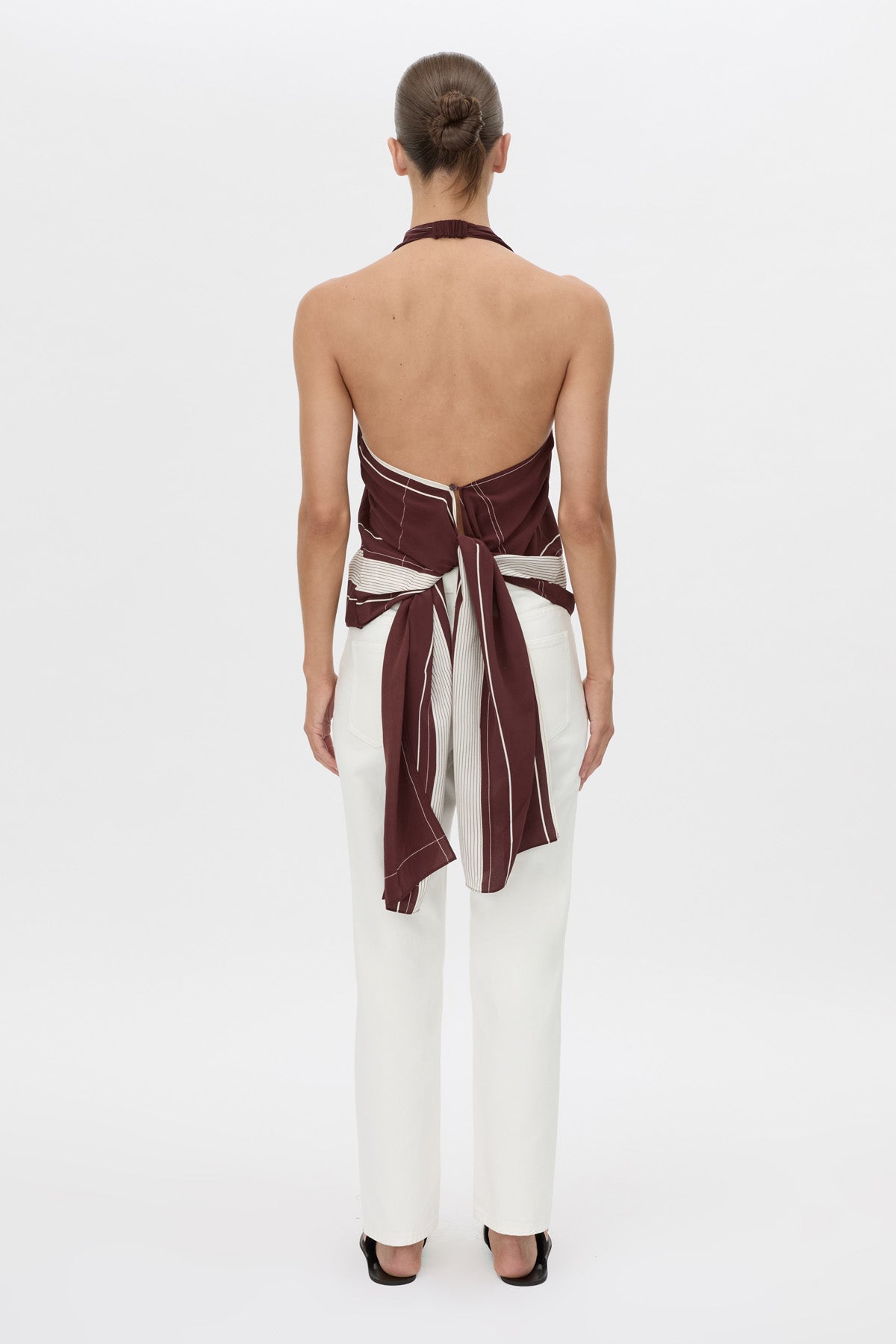 Back view CAMILLA AND MARC Barolo Top in cream print with high‑neckline and open back.