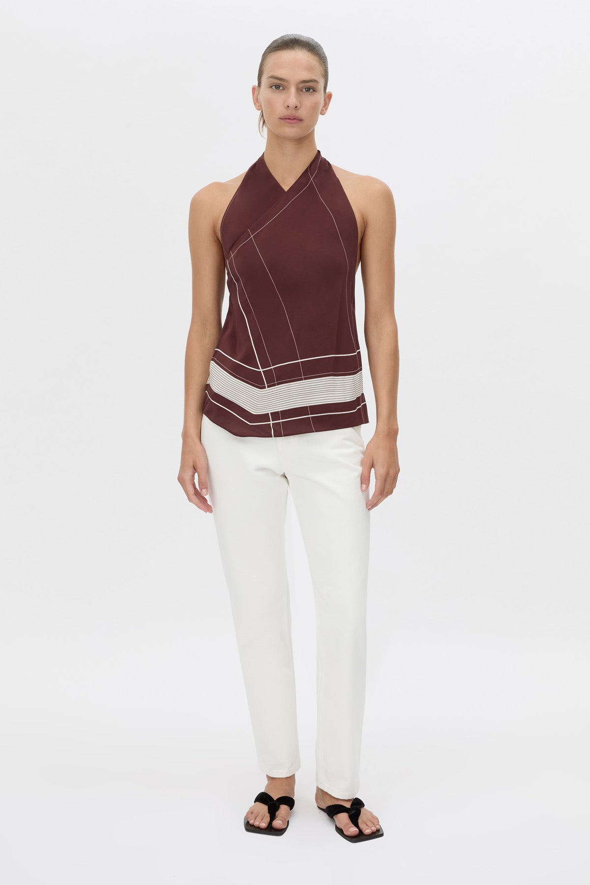 Front-styled view CAMILLA AND MARC Barolo Top in cream print with high‑neckline and open back.
