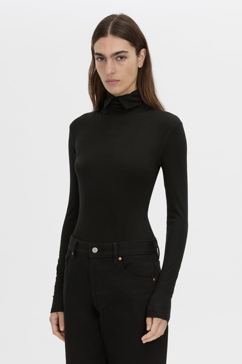 crop view CAMILLA AND MARC Barre turtleneck long sleeve top in black.
