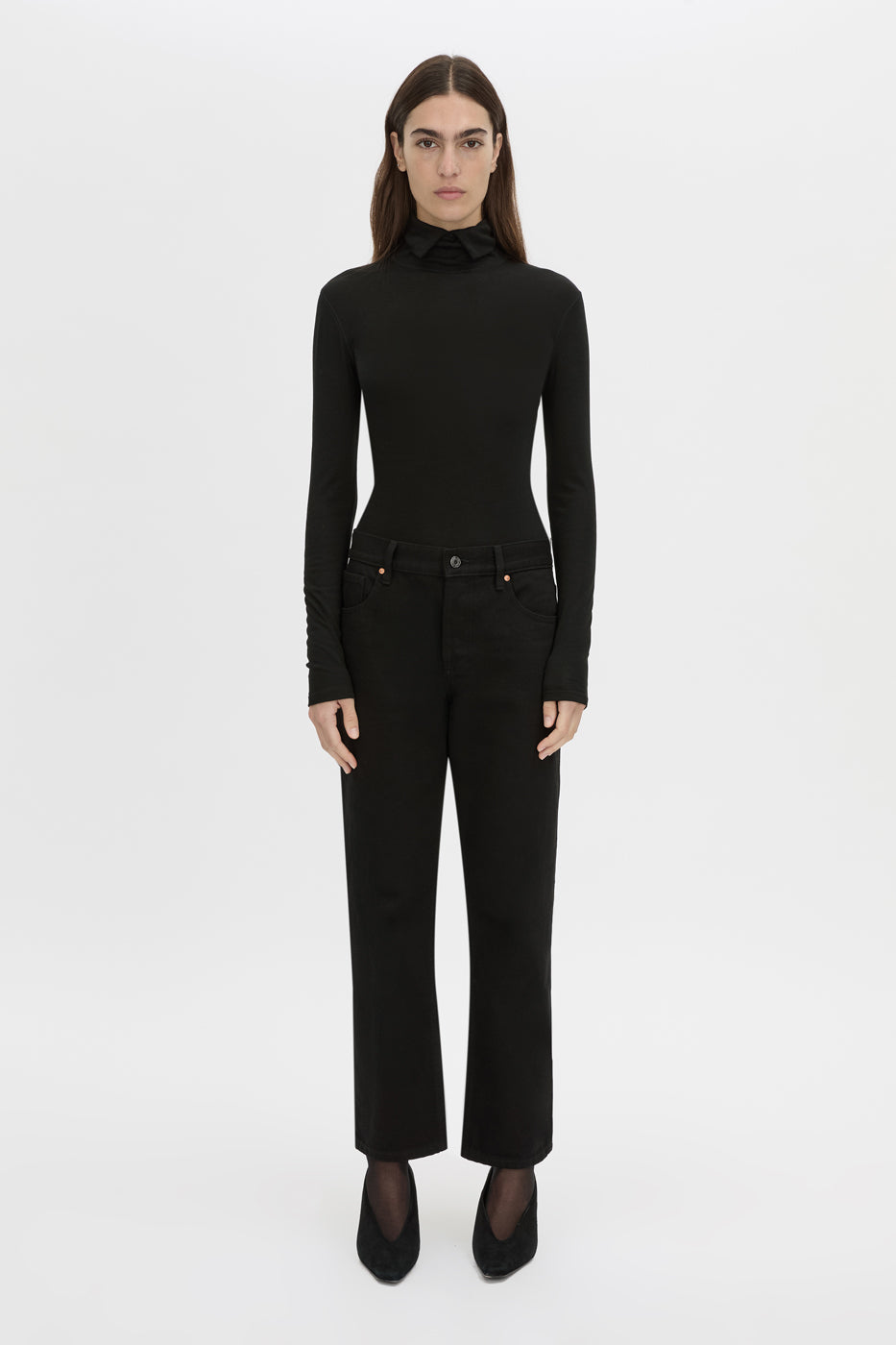 Front view CAMILLA AND MARC Barre turtleneck long sleeve top in black.