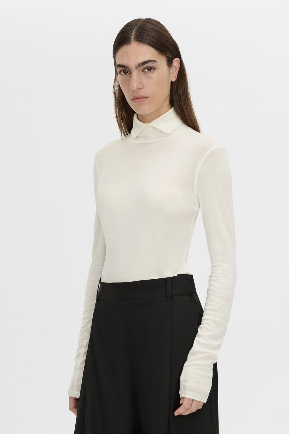 crop view CAMILLA AND MARC Barre turtleneck long-sleeve top in soft white.