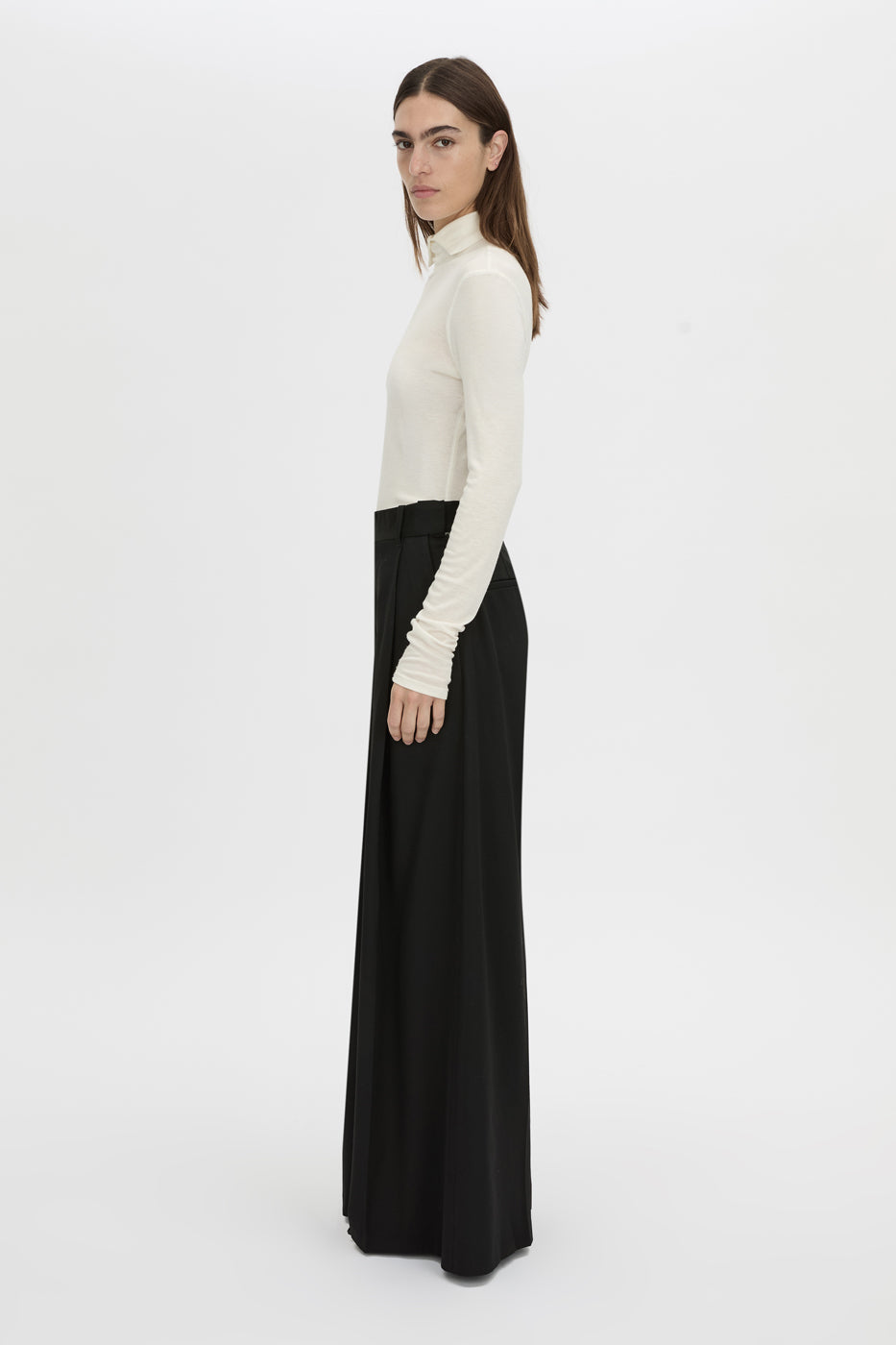 Side view CAMILLA AND MARC Barre turtleneck long-sleeve top in soft white.