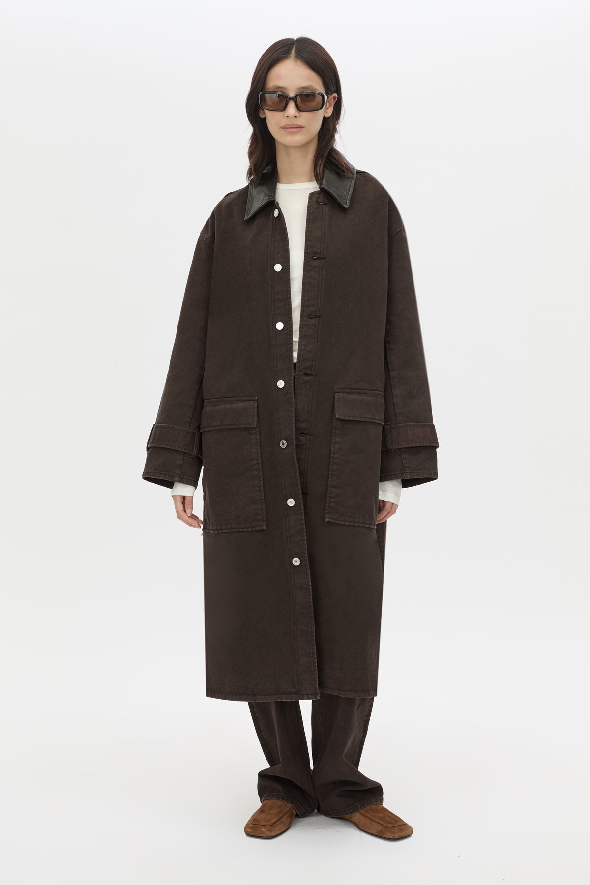 Front view CAMILLA AND MARC Barre Long Sleeve Top in Soft White styled with the Enzo Denim Coat.