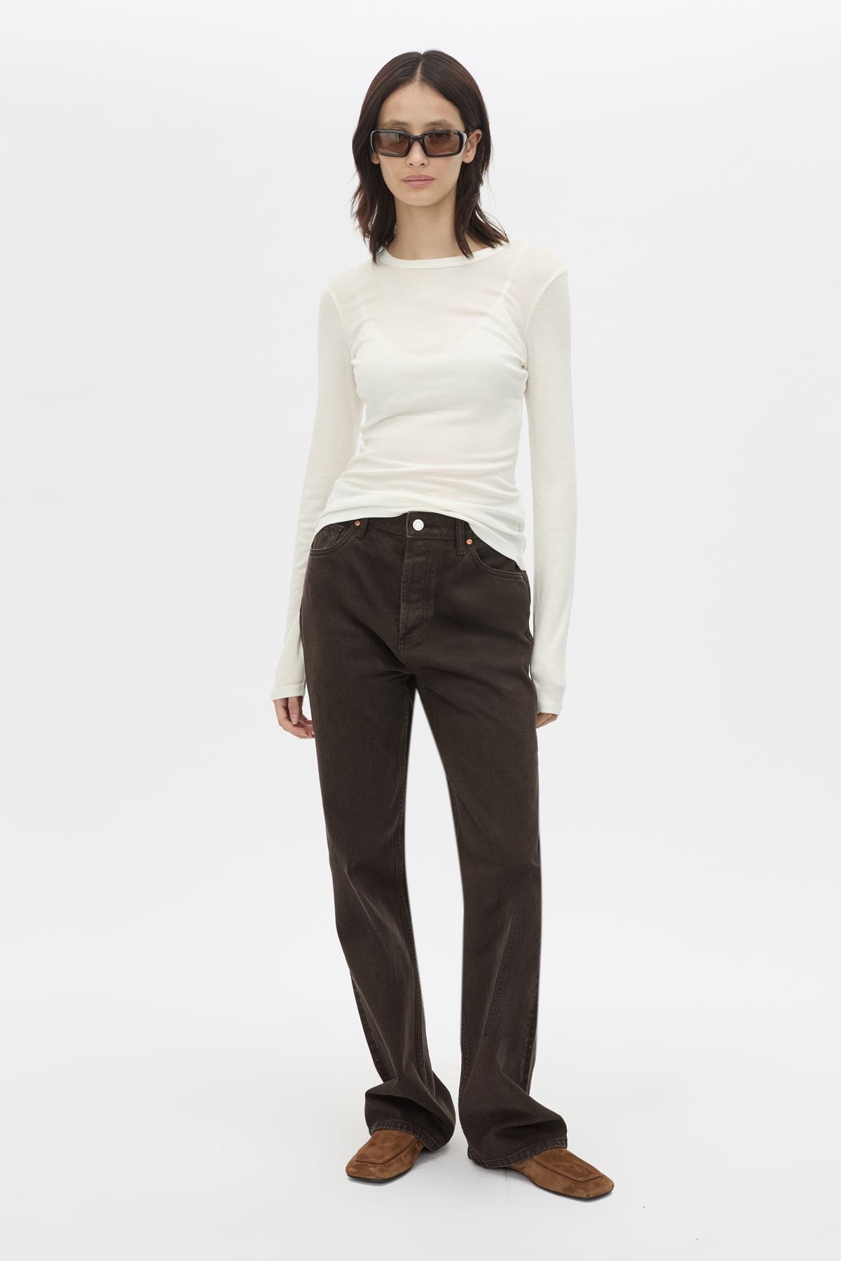 Front styled view CAMILLA AND MARC Barre Long Sleeve Top in Soft White with slim silhouette.