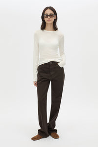 Front view CAMILLA AND MARC Barre Long Sleeve Top in Soft White with slim silhouette.