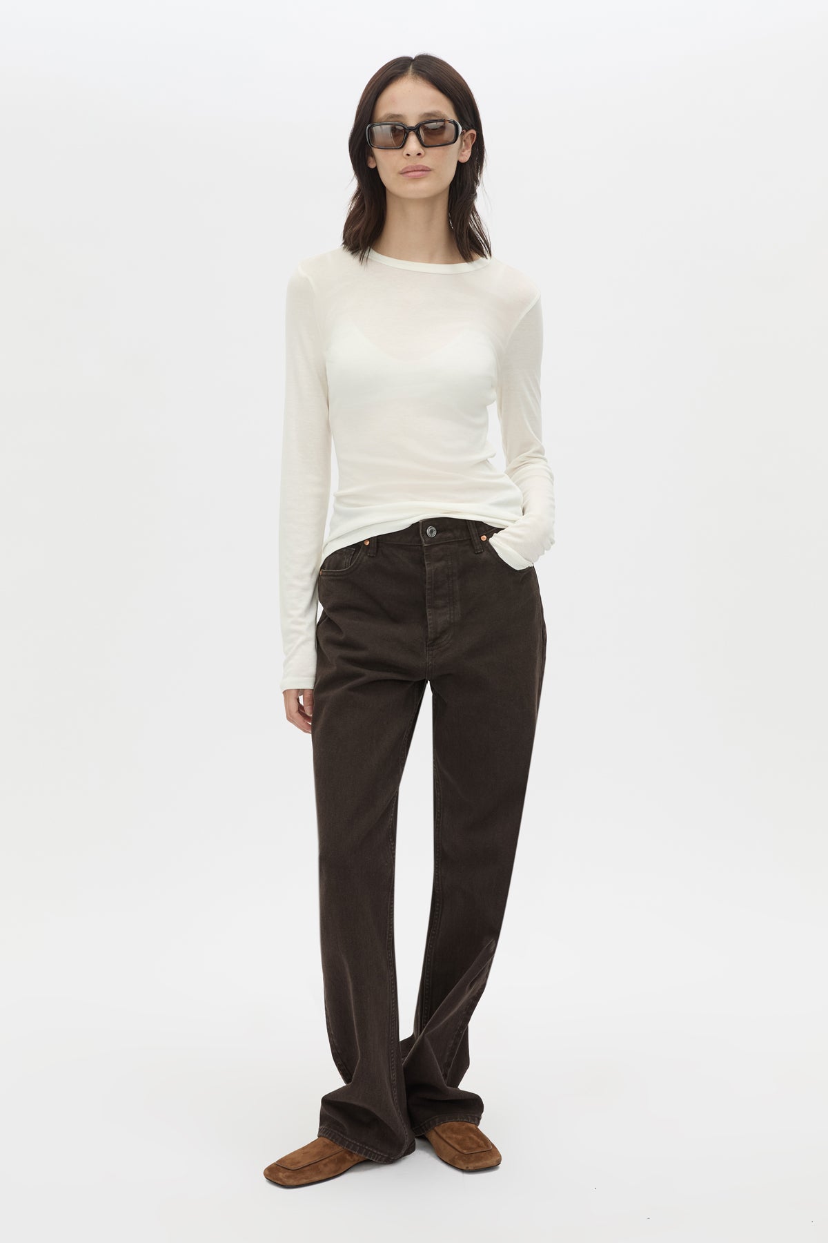Front view CAMILLA AND MARC Barre Long Sleeve Top in Soft White with slim silhouette.