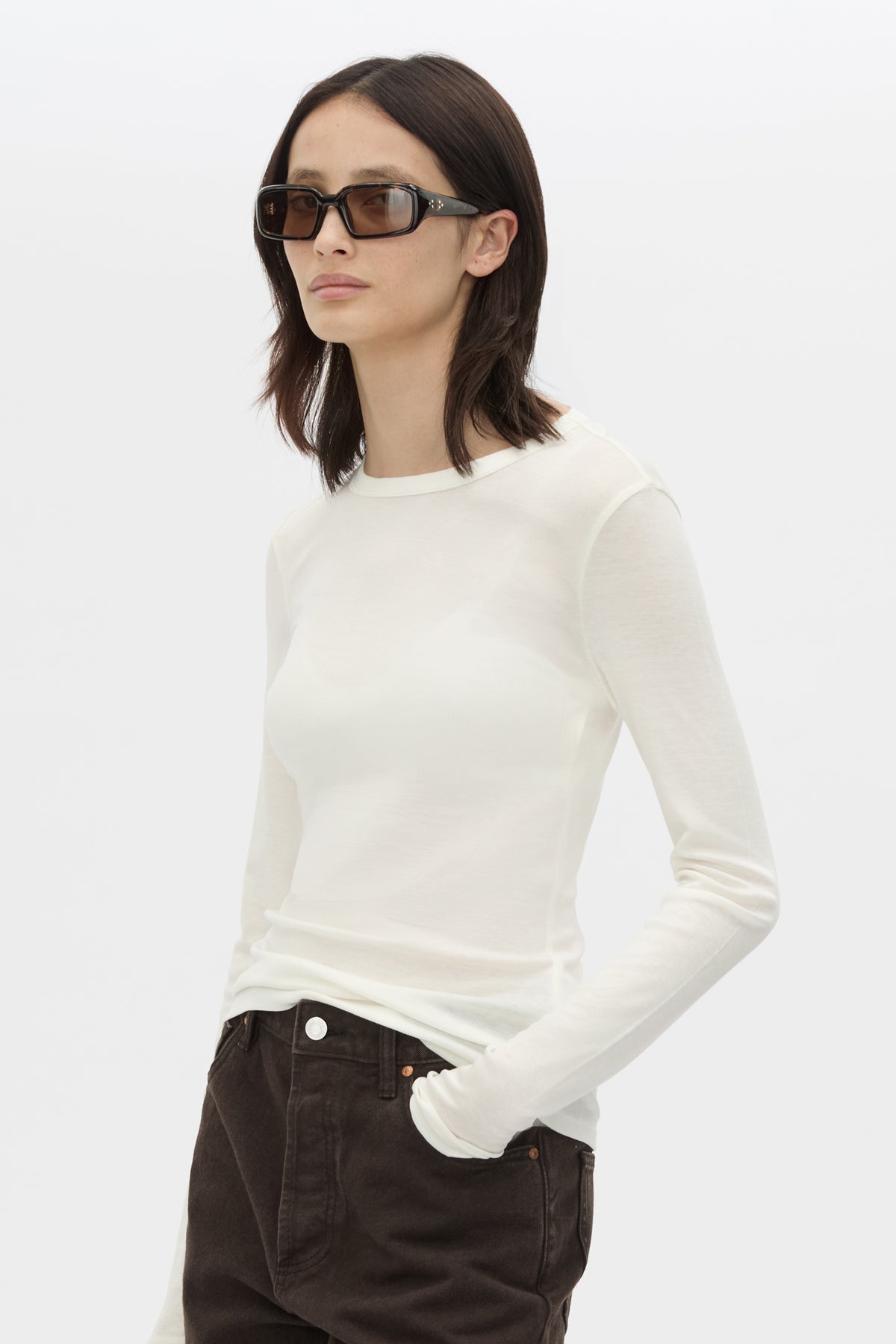 Cropped view CAMILLA AND MARC Barre Long Sleeve Top in Soft White with slim silhouette.