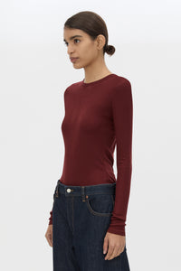 Cropped view CAMILLA AND MARC Barre Long Sleeve Top in Burgundy with fitted silhouette and crew neckline.