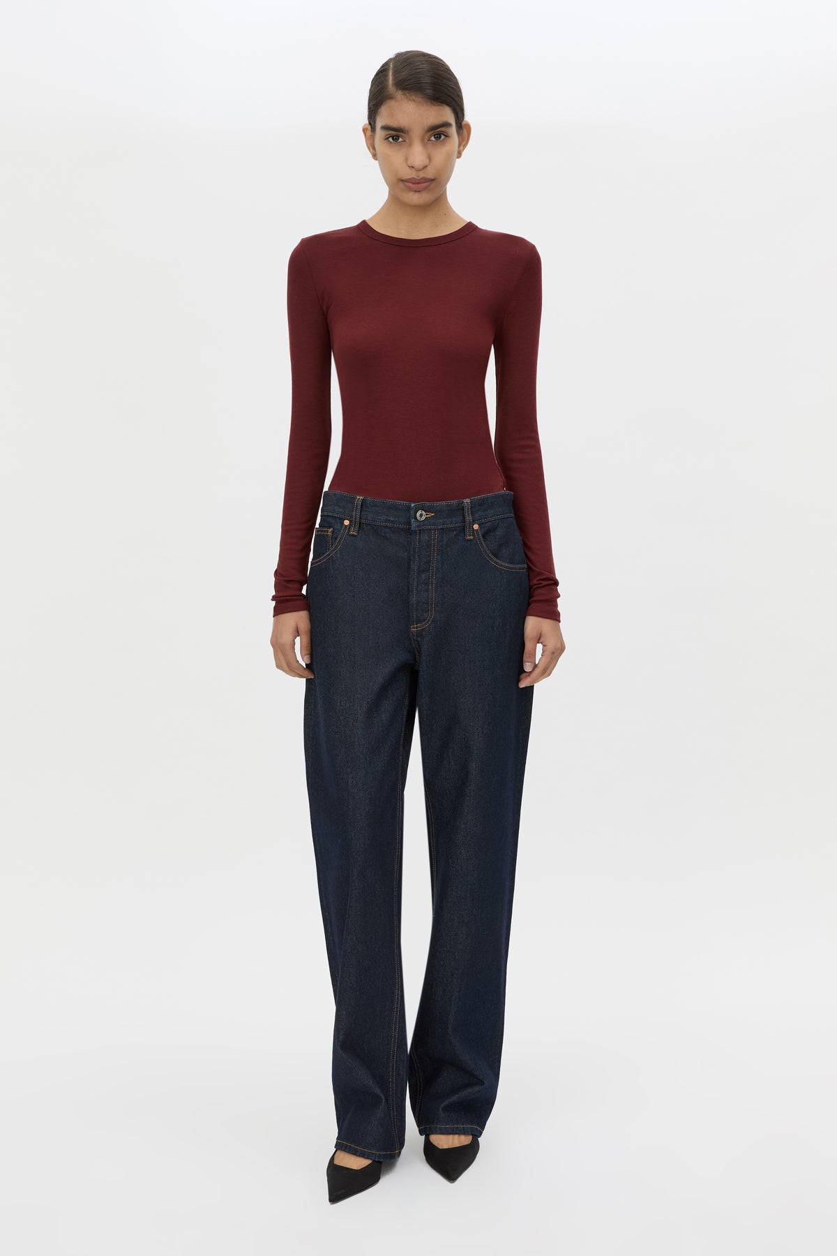 Front view CAMILLA AND MARC Barre Long Sleeve Top in Burgundy with fitted silhouette and crew neckline.