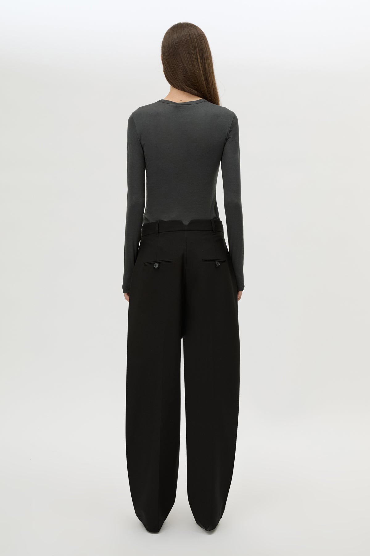 Back view CAMILLA AND MARC Barre Long Sleeve Top in Charcoal Grey with fitted silhouette and crew neckline.