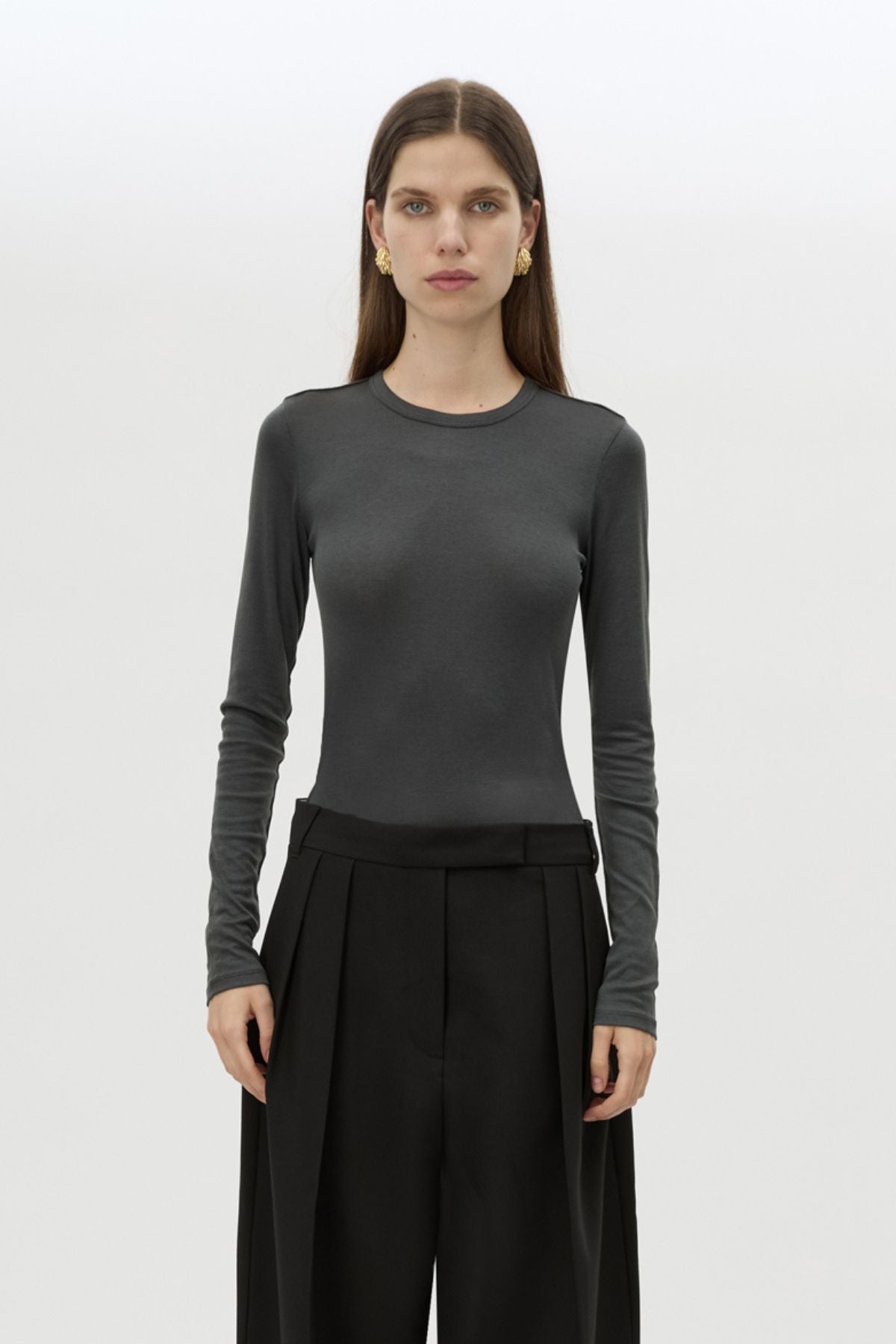 Cropped view CAMILLA AND MARC Barre Long Sleeve Top in Charcoal Grey with fitted silhouette and crew neckline.
