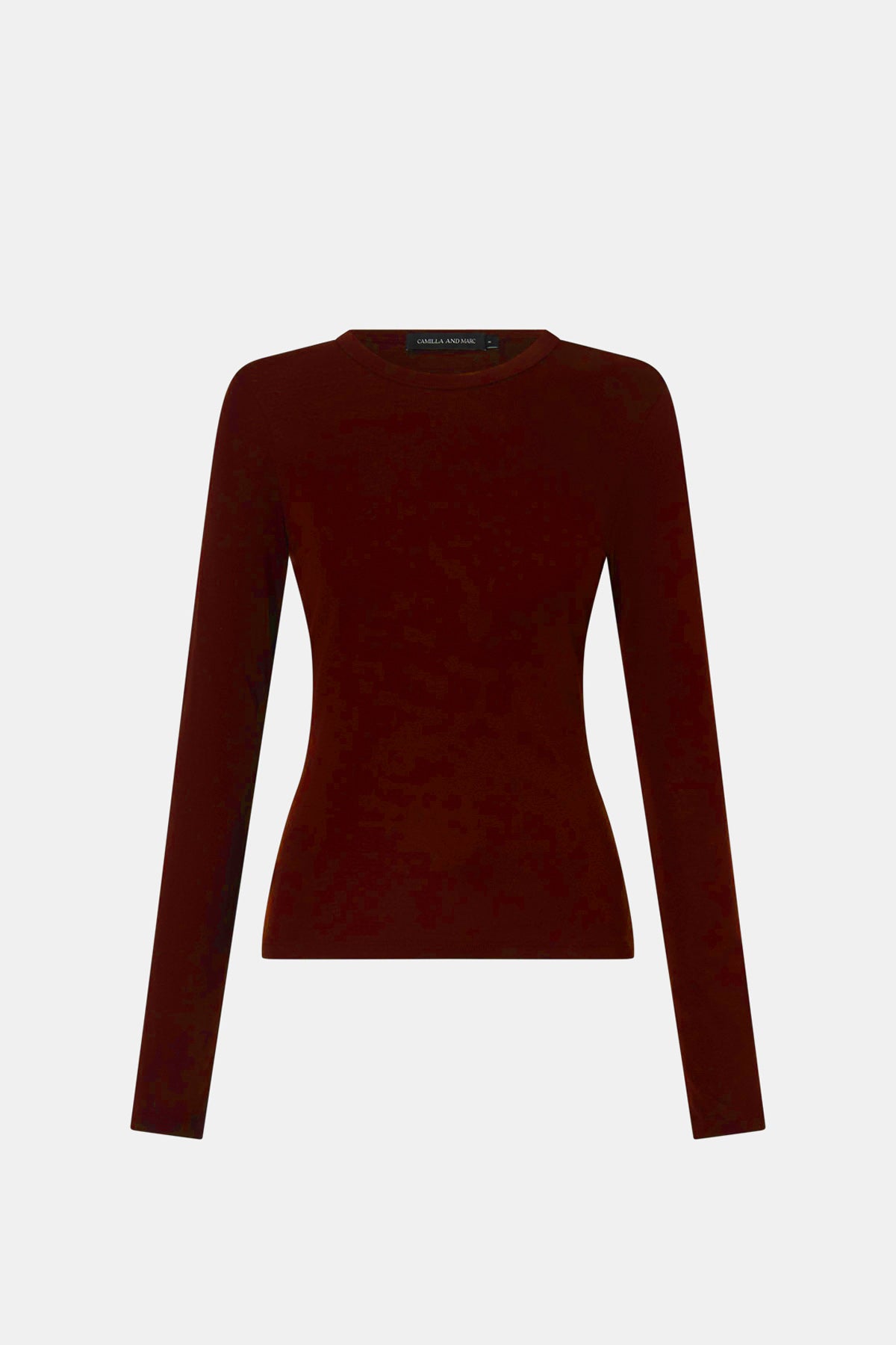 Ghost view CAMILLA AND MARC Barre Long Sleeve Top in Burgundy with fitted silhouette and crew neckline.