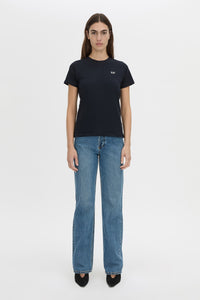 Front view CAMILLA AND MARC Birdie Fitted Print Tee in navy with white embroidered motif detail.