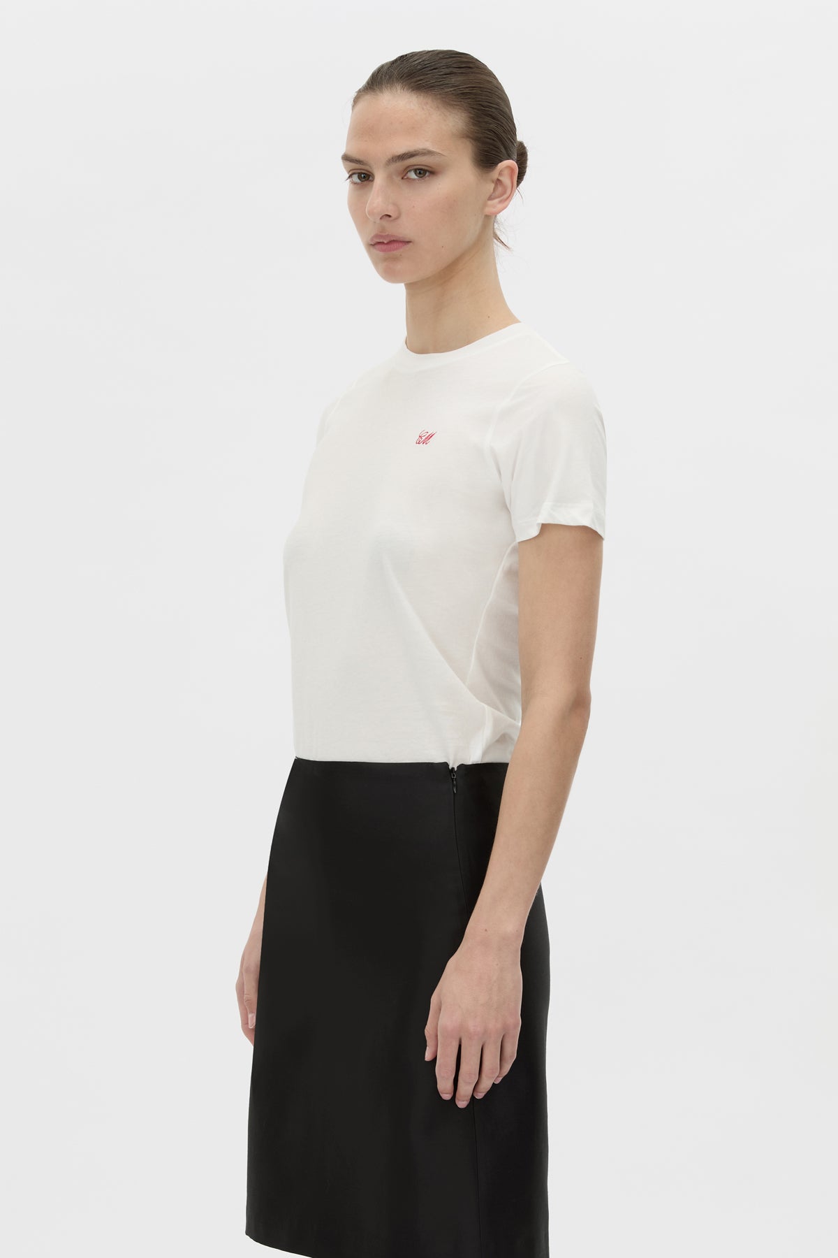 Cropped view CAMILLA AND MARC Birdie Fitted Print Tee in soft white with red embroidered motif detail.