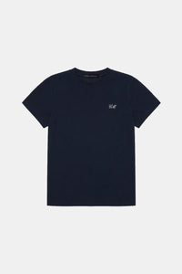Ghost view CAMILLA AND MARC Birdie Fitted Print Tee in navy with white embroidered motif detail.
