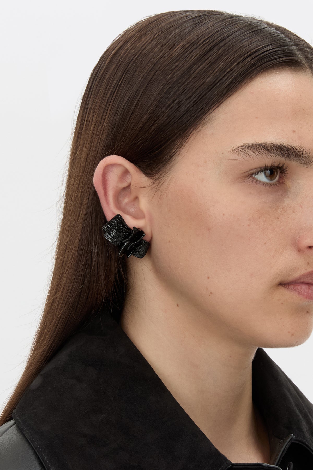 Front-styled view CAMILLA AND MARC Brinna Textured Earrings with gloss black plated finish.