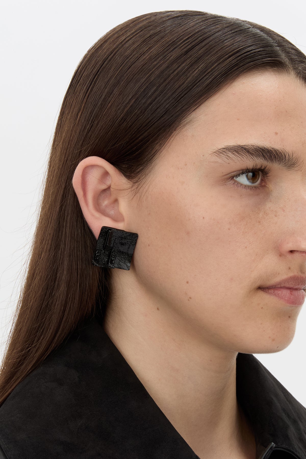 Styled view CAMILLA AND MARC Brinna Layered Textured Earrings in black.